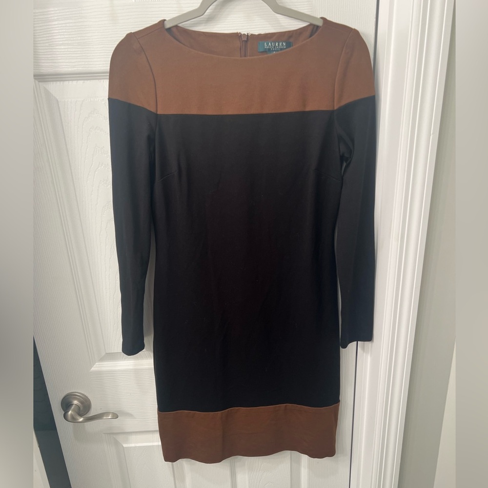 Lauren Ralph Lauren Brown and Tan Sheath Dress Long Sleeve